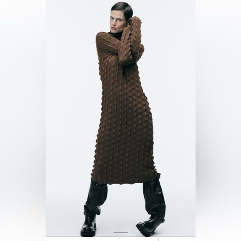 Zara acrylic chocolate brown textured knit dress.